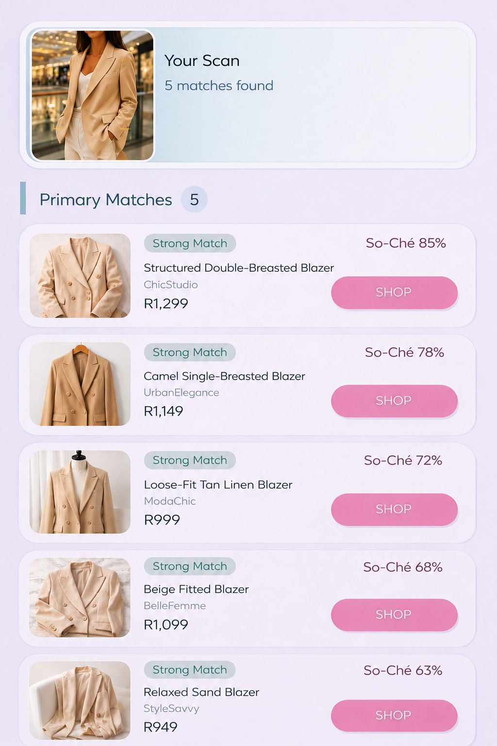 So-Ché app showing matching blazer products from SA retailers