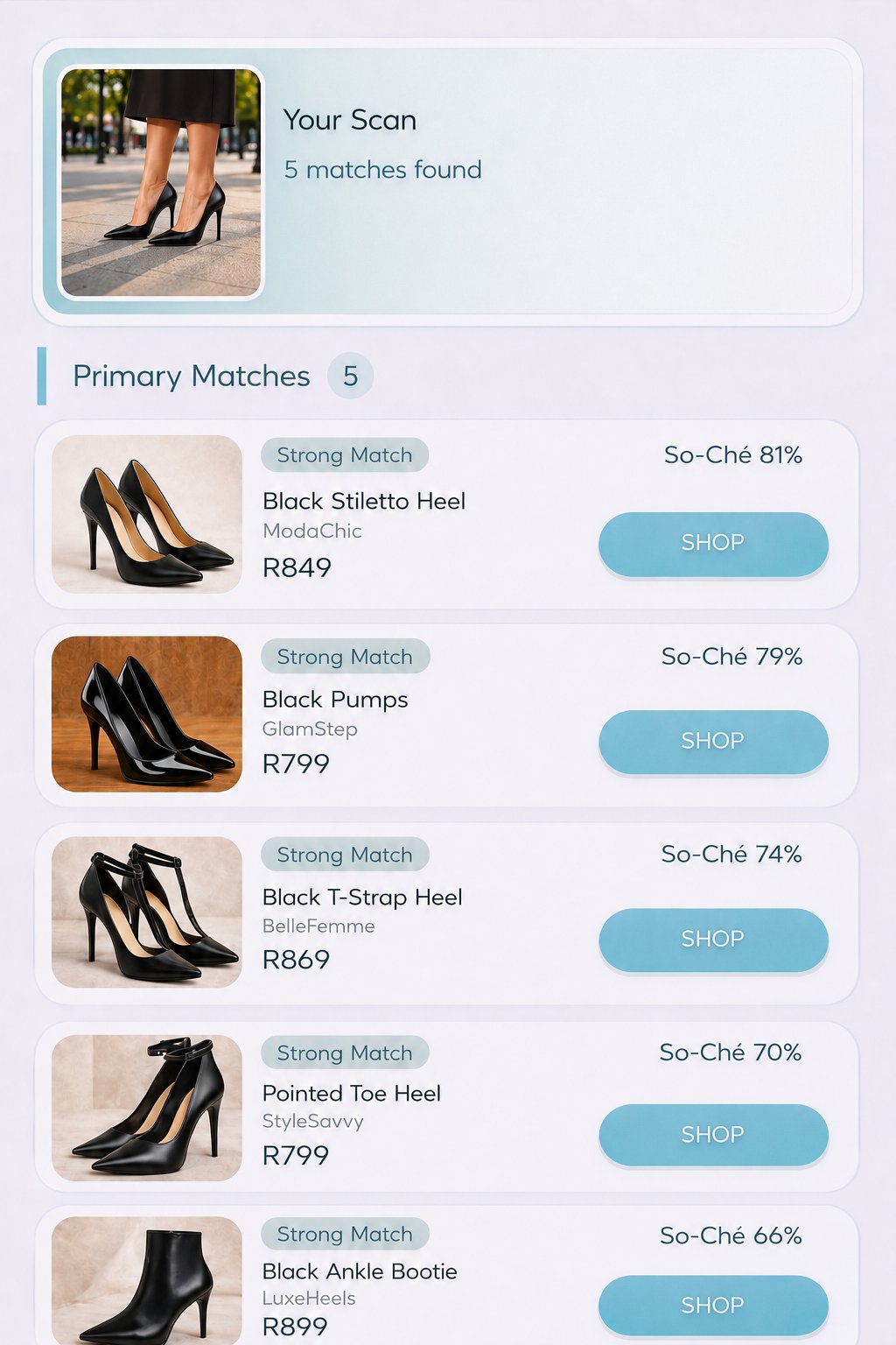 So-Ché app showing matching heel products with prices from SA retailers