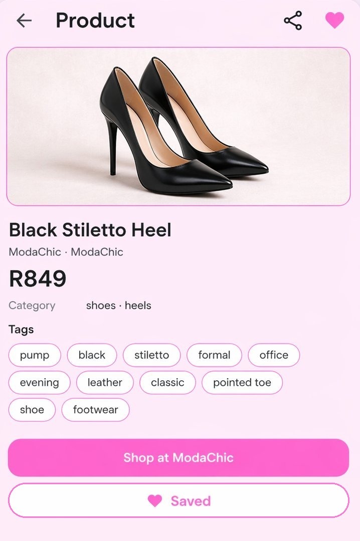 So-Ché app product detail page showing Black Stiletto Heel from ModaChic at R849 with Shop at ModaChic button