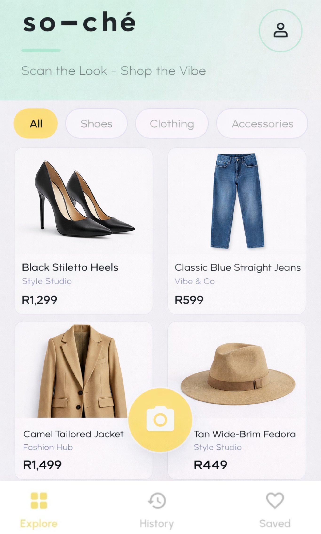 So-Ché app explore feed showing curated SA fashion products